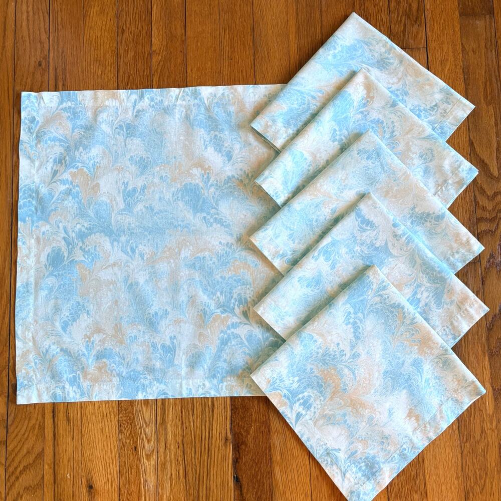 Vintage Williams Sonoma Blue Aqua Marbled Cotton Napkins Set of 6 20”